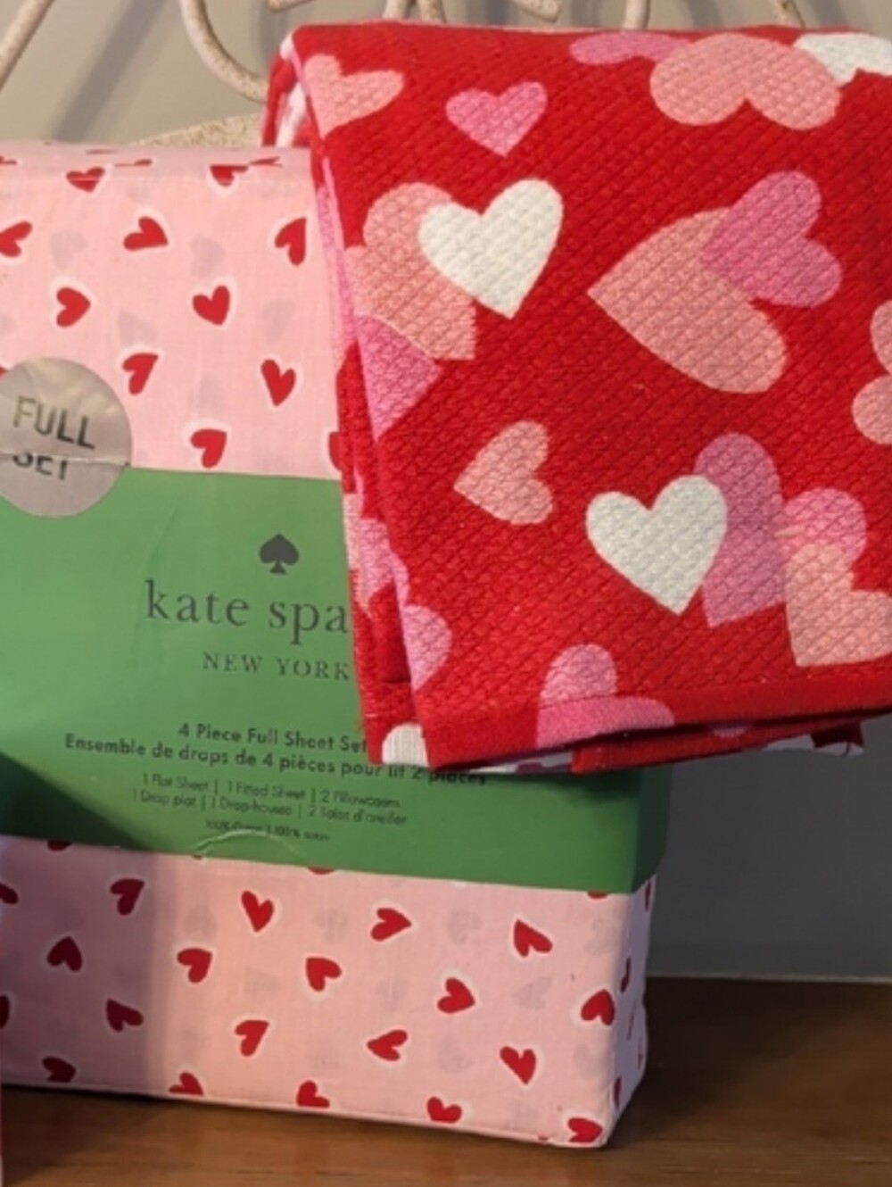 Kate Spade Red Pink Heart Sheets & Towels Set